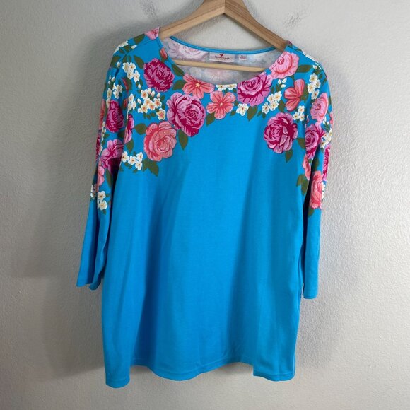 Quacker Factory Womens XL Floral Embellished Top Blue Pink Roses 3/4 Sleeve - Picture 1 of 8
